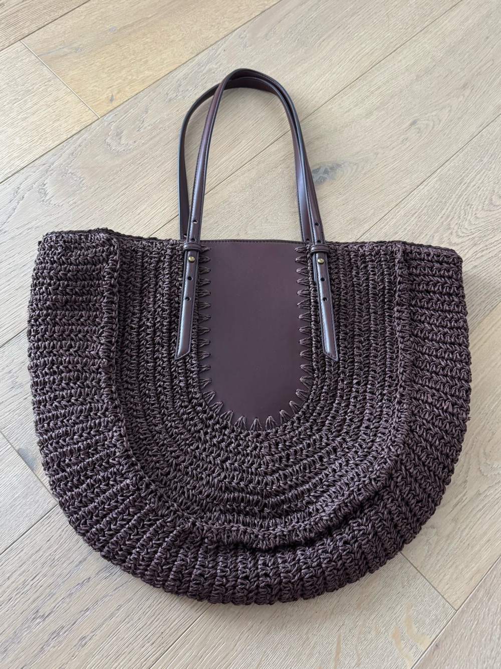 A.n.a Noelle Straw Tote Bag Woven Half-Moon in Chocolate Brown NWT